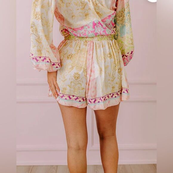 2pc Luxxel Uptown Chic Satin Short Set Button Down Floral - Picture 4 of 14